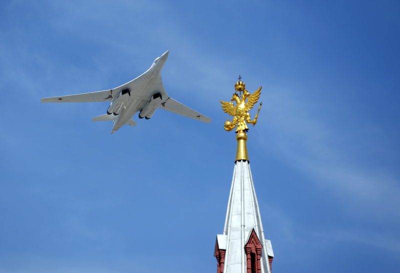 A Russian Tu-160 “Blackjack” strategic bomber flies above Moscow on the 70th Anniversary of Victory Day, 2015.